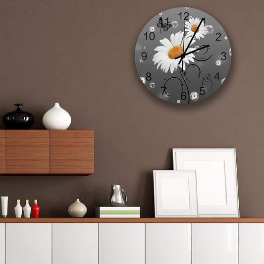12 Inch Silent Round Wooden Wall Clock Yellow Daisy Butterfly Bubble Gray Backgr