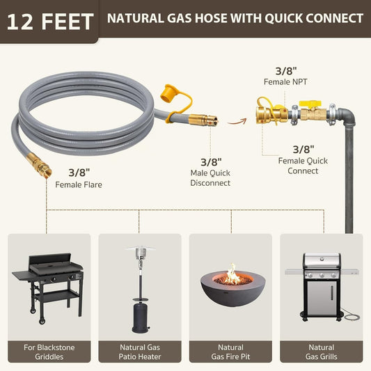 GASPRO 12ft Natural Gas Hose 3/8" ID Low Pressure Quick Connect NG Line