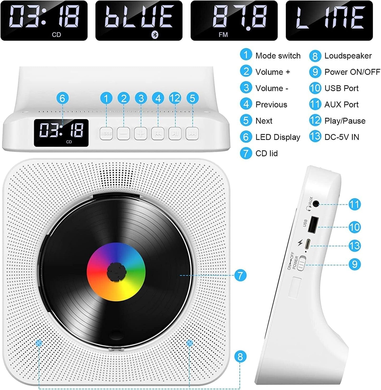 CD Player Portable Bluetooth Desktop for Home - FM Radio/USB/AUX - White - New