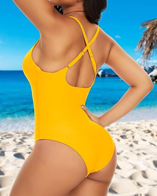 One Piece Deep V Neck Spaghetti Strap Push Up Swim Monokini Plus Size Yellow XL