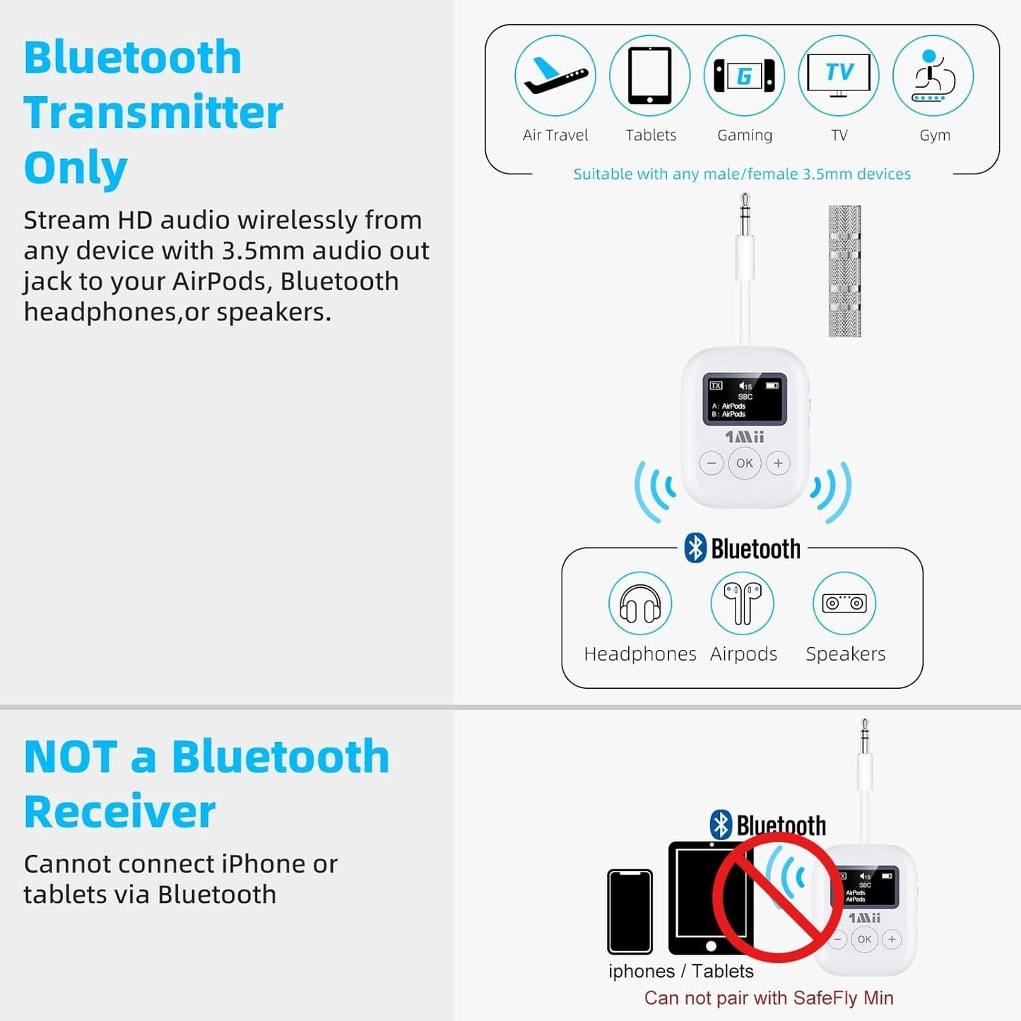 1Mii Bluetooth Transmitter - Low Latency Wireless Audio Aux for Headphone -White
