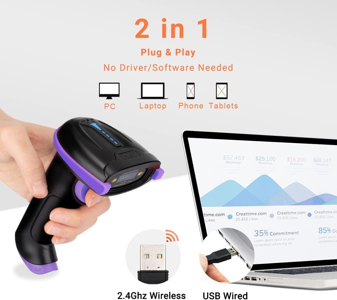 Tera Wireless 1D Laser Barcode Scanner (2.4Ghz Wireless+USB 2.0 Wired) Purple