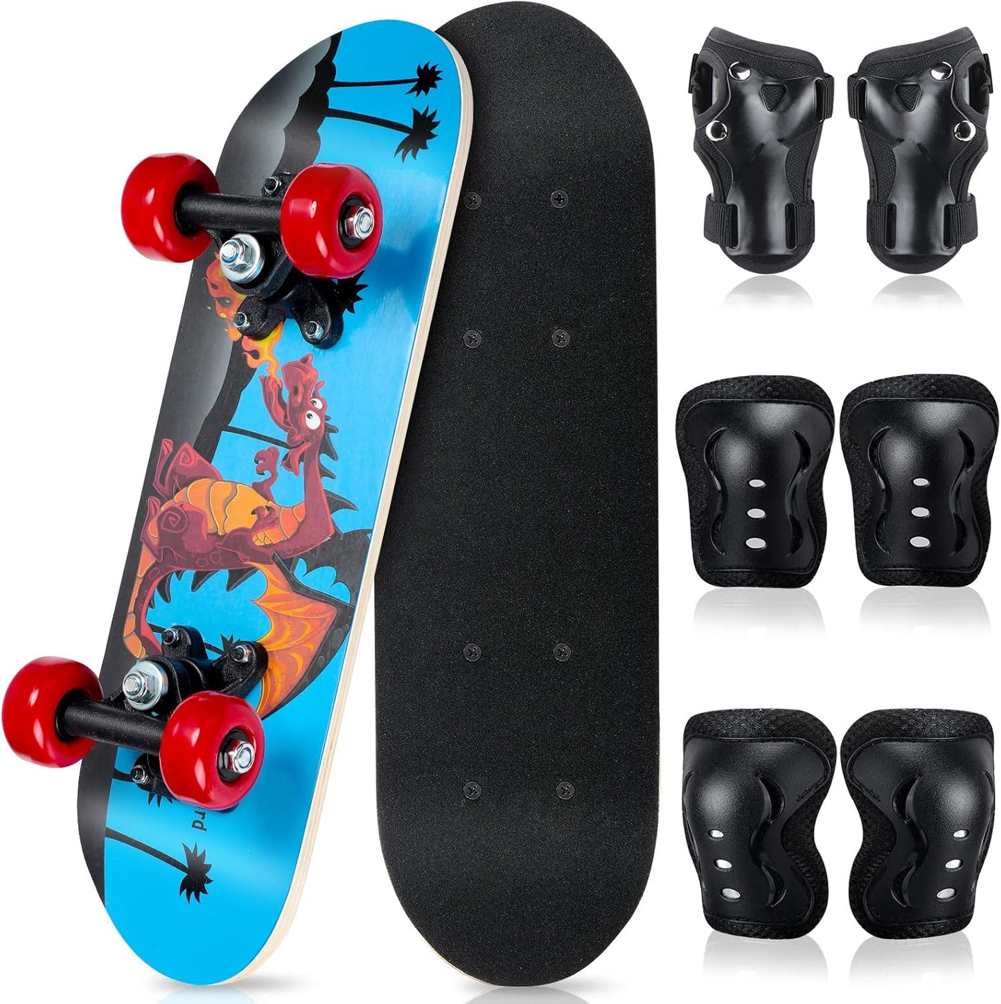 Dinosaur - 7 Pcs Skateboard for Toddlers Beginners Knee Elbow Pads Wrist Guards Gear Set