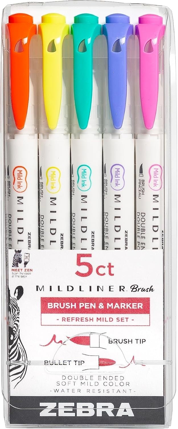 Zebra Pen Mildliner Double-Ended Brush Pen Ideal for Bible Highlighting No Bleed