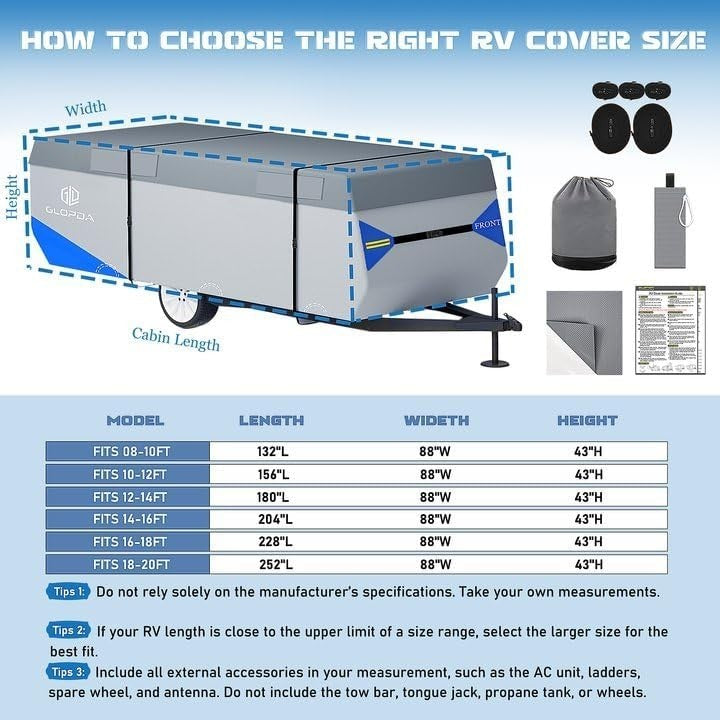 Pop Up Camper Cover 8'-10' Heavy Duty 7-Layer Waterproof RV Trailer Cover