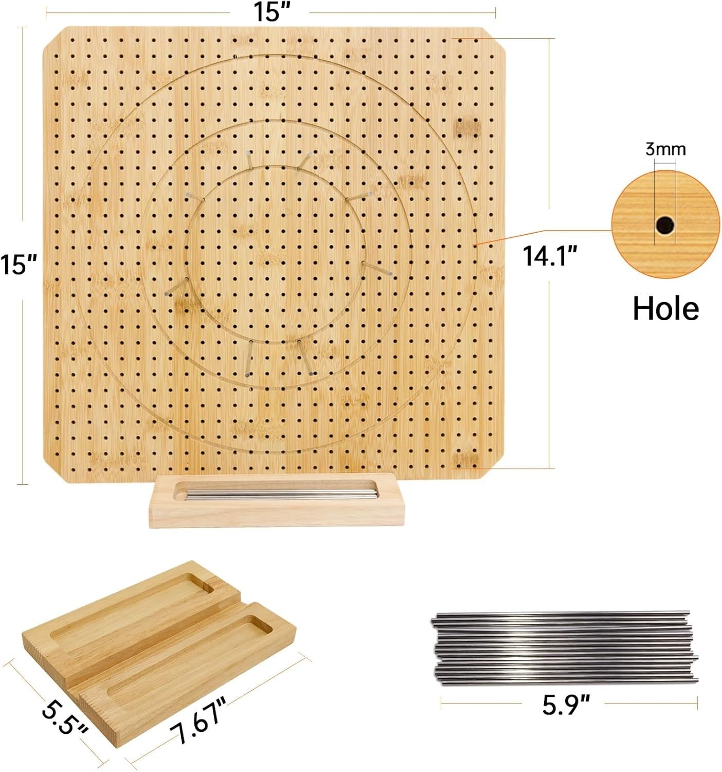 Crochet Blocking Board Bamboo 15" with 15 Stainless Steel Pins for Knitting New