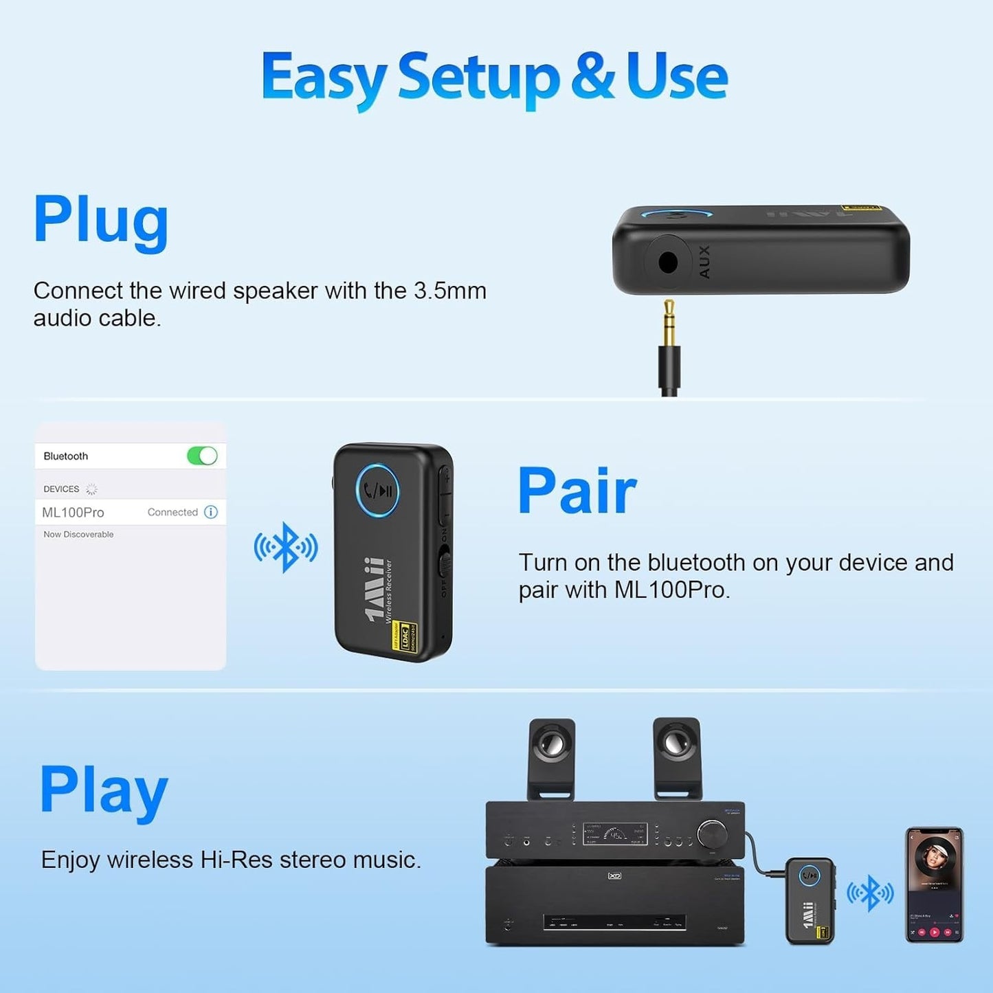 1Mii ML100Pro LDAC Bluetooth 5.3 Aux Adapter Receiver Car Home 10H Battery