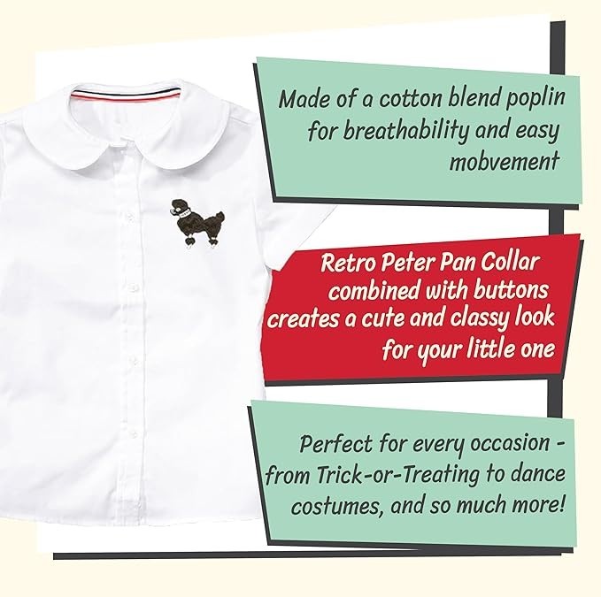 Girls 50s White Blouse w/ Poodle Applique Size 8 – Retro Rockabilly Costume Top