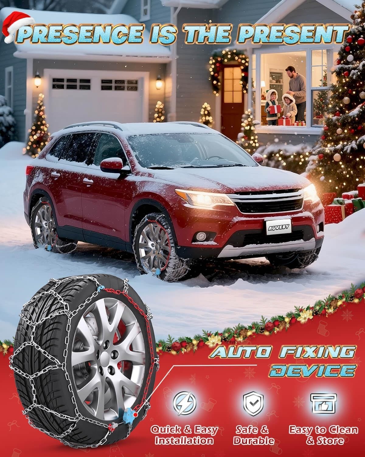 Snow Tire Chains Auto Fixing Quick Install 1 Min Universal Car SUV Set of 2
