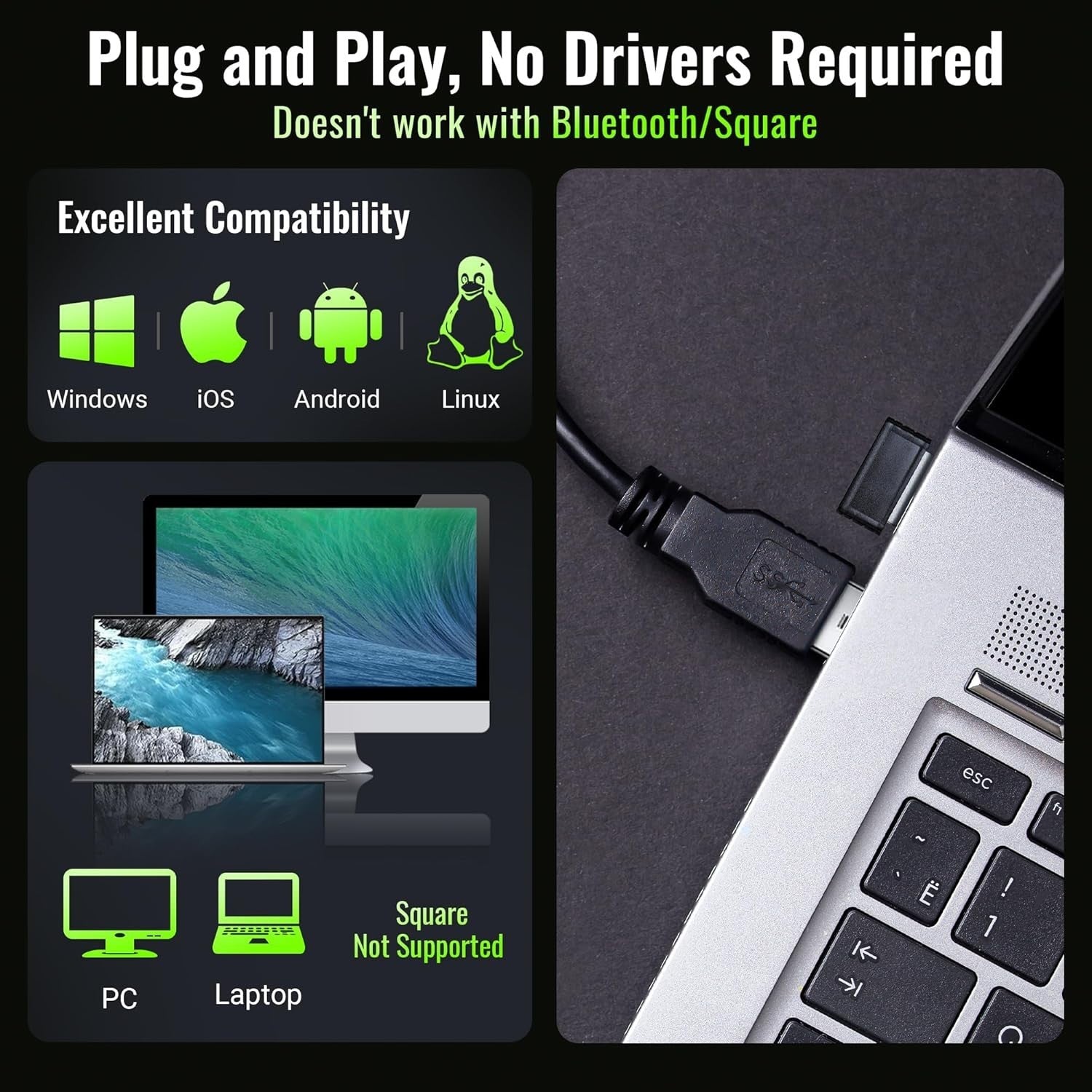 Tera Barcode Scanner Wireless Versatile Wireless + Wired USB Handheld Green NEW