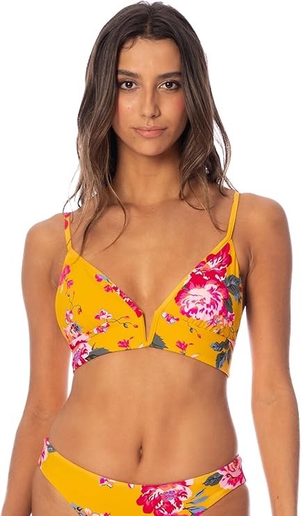 NWT Maaji Ocean Blue Parade Long Line Triangle Swimwear Top Large Yellow