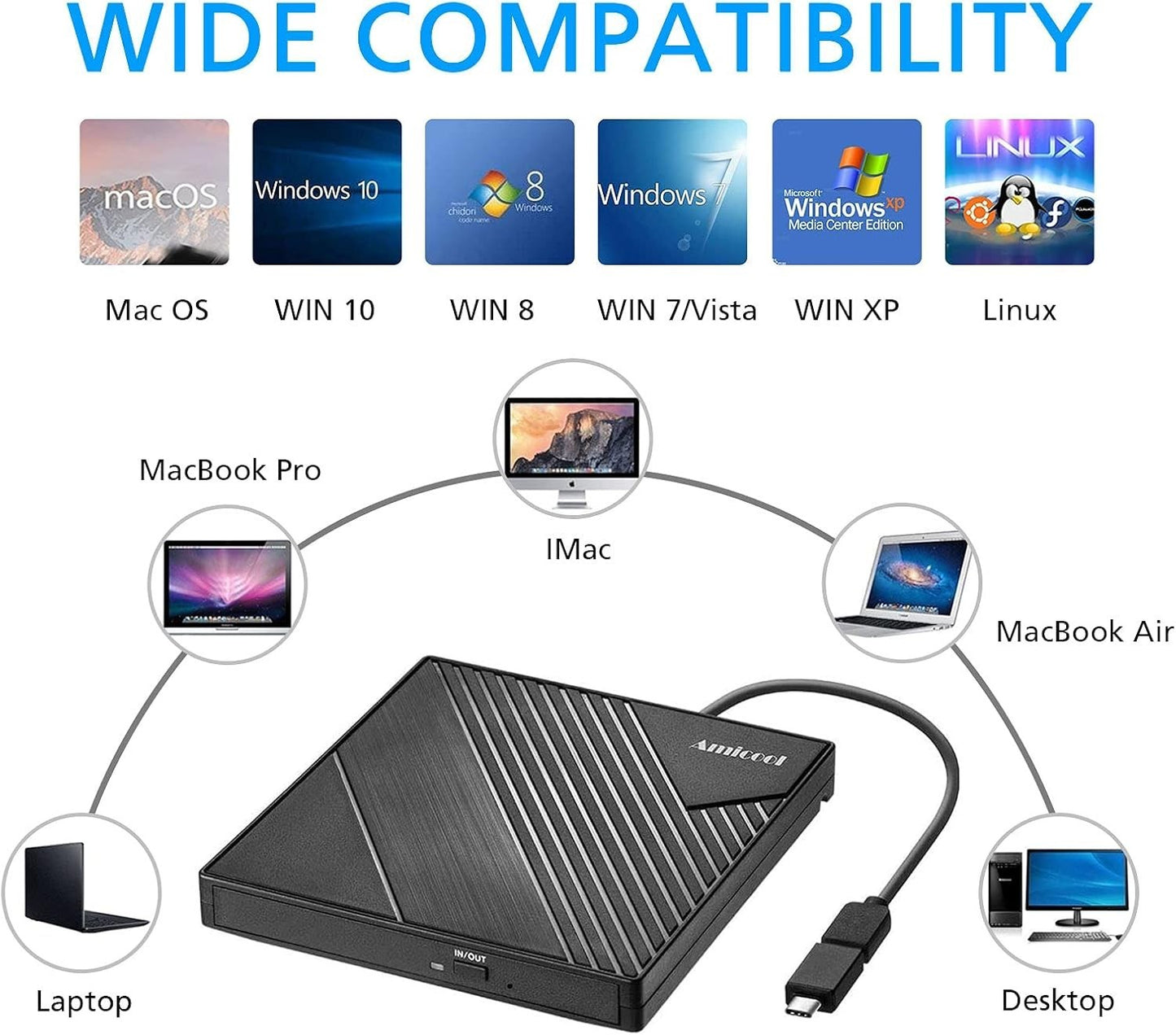 Amicool External DVD Drive USB 3.0 USB-C Portable CD DVD RW Burner Reader Black