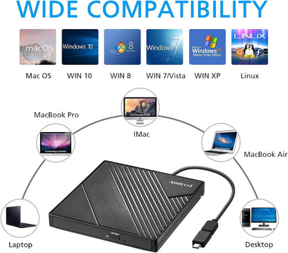 Amicool External DVD Drive USB 3.0 USB-C Portable CD DVD RW Burner Reader Black
