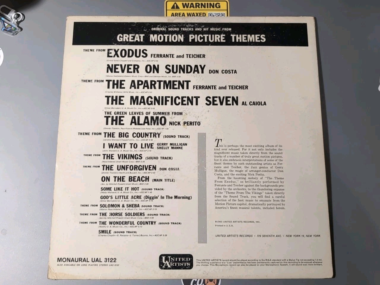 Vintage LP United Artists "Great Motion Picture Themes" UAL 3122 Good Condition