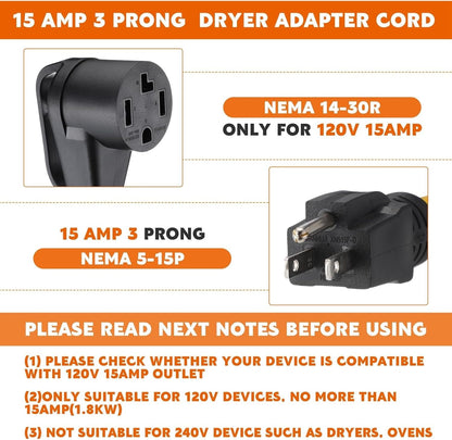 1FT 5-15P to 14-30R Adapter Cord 120V 15A Only – Household Plug to 4-Prong Dryer