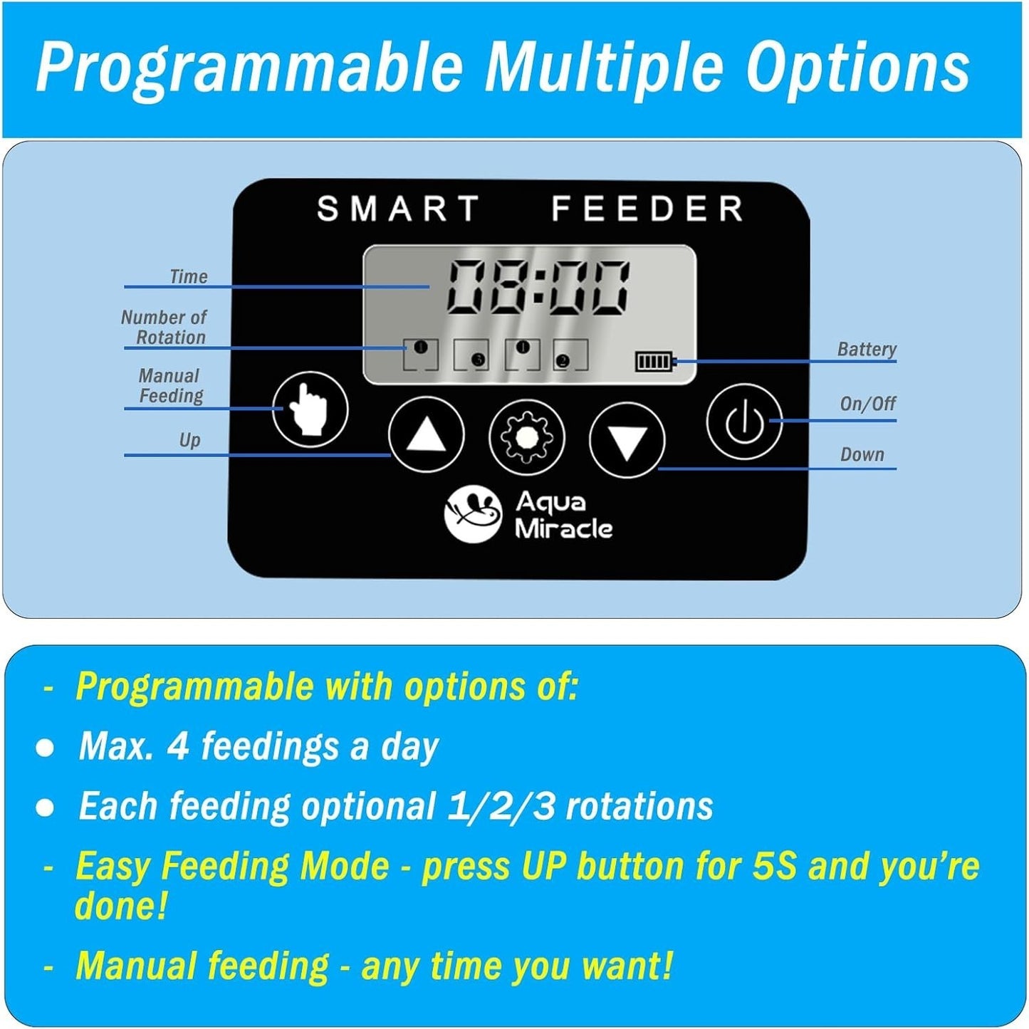 AquaMiracle Automatic Fish Feeder Programmable Timer Adjustable 200ml Drum