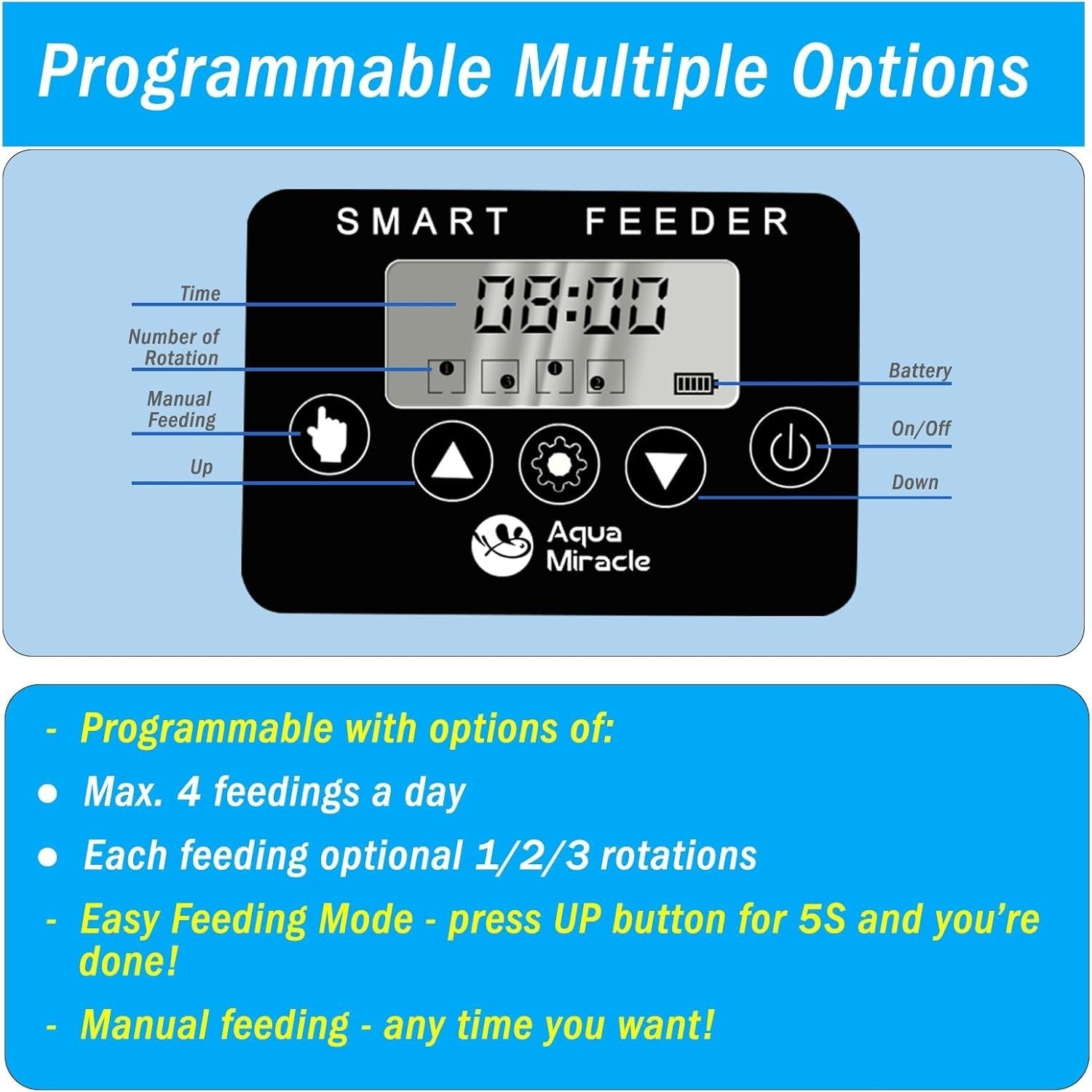 AquaMiracle Automatic Fish Feeder Programmable Timer Adjustable 200ml Drum