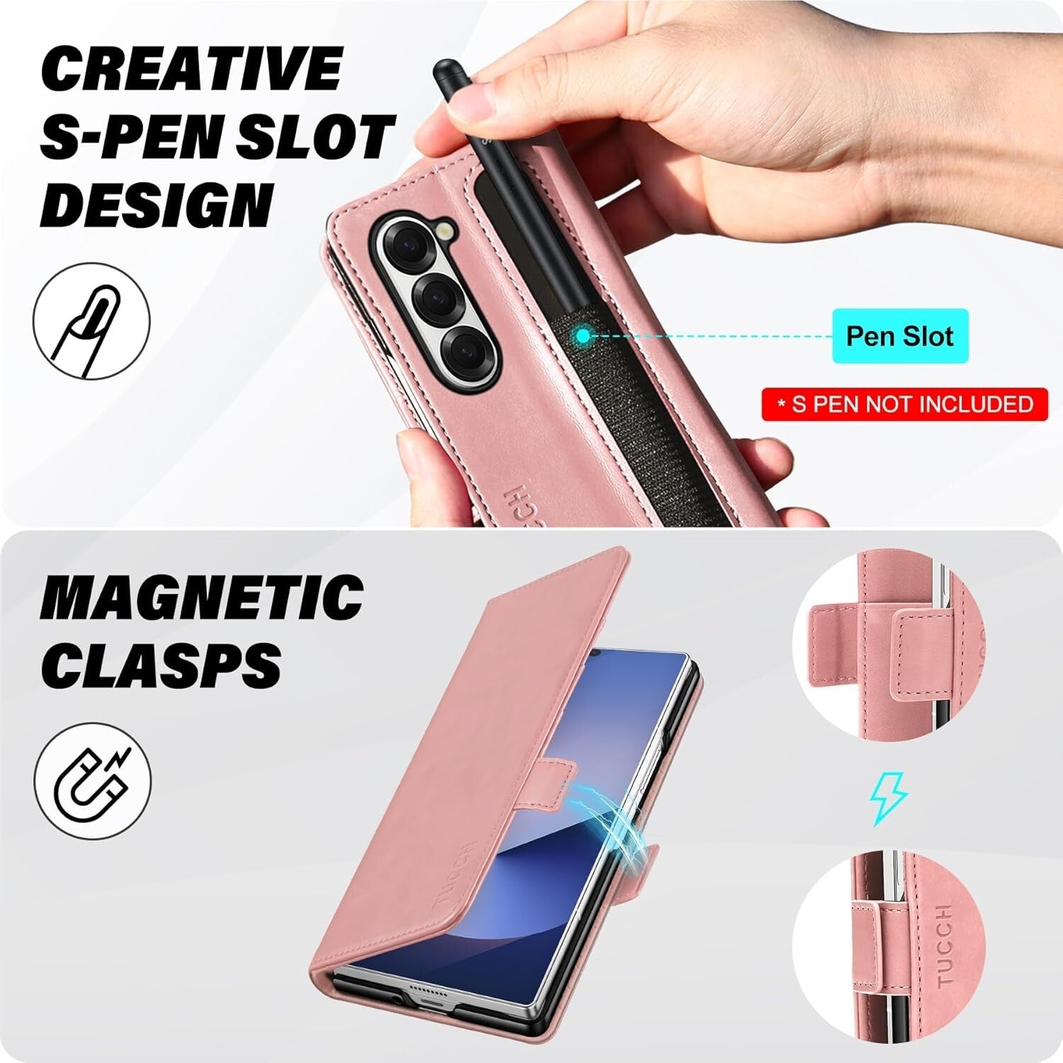 TUCCH Compatible with Galaxy Z Fold6 Wallet Case with S Pen Holder - Pink - New