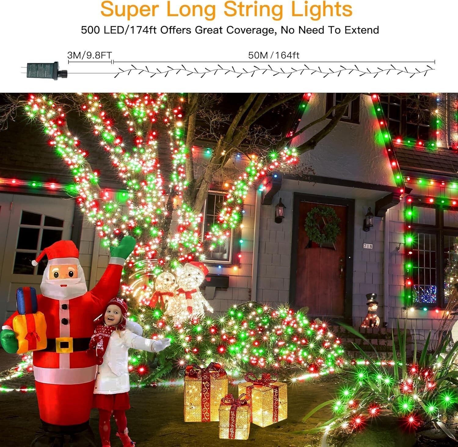 12 Modes Outdoor String Lights with Dusk to Dawn,174ft 500 LED Plug in Christ...