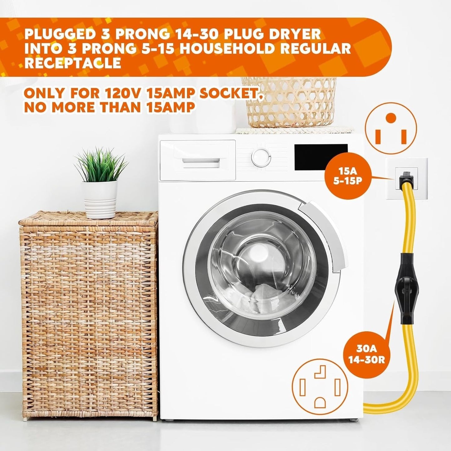 1FT 5-15P to 14-30R Adapter Cord 120V 15A Only – Household Plug to 4-Prong Dryer