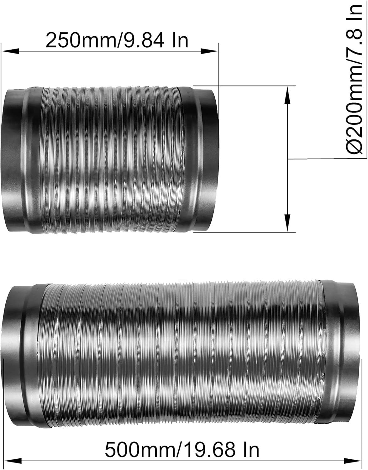 8" Flexible Aluminum Duct Connector Dryer Vent Hose w/ Steel Ends (0.82–1.64ft)