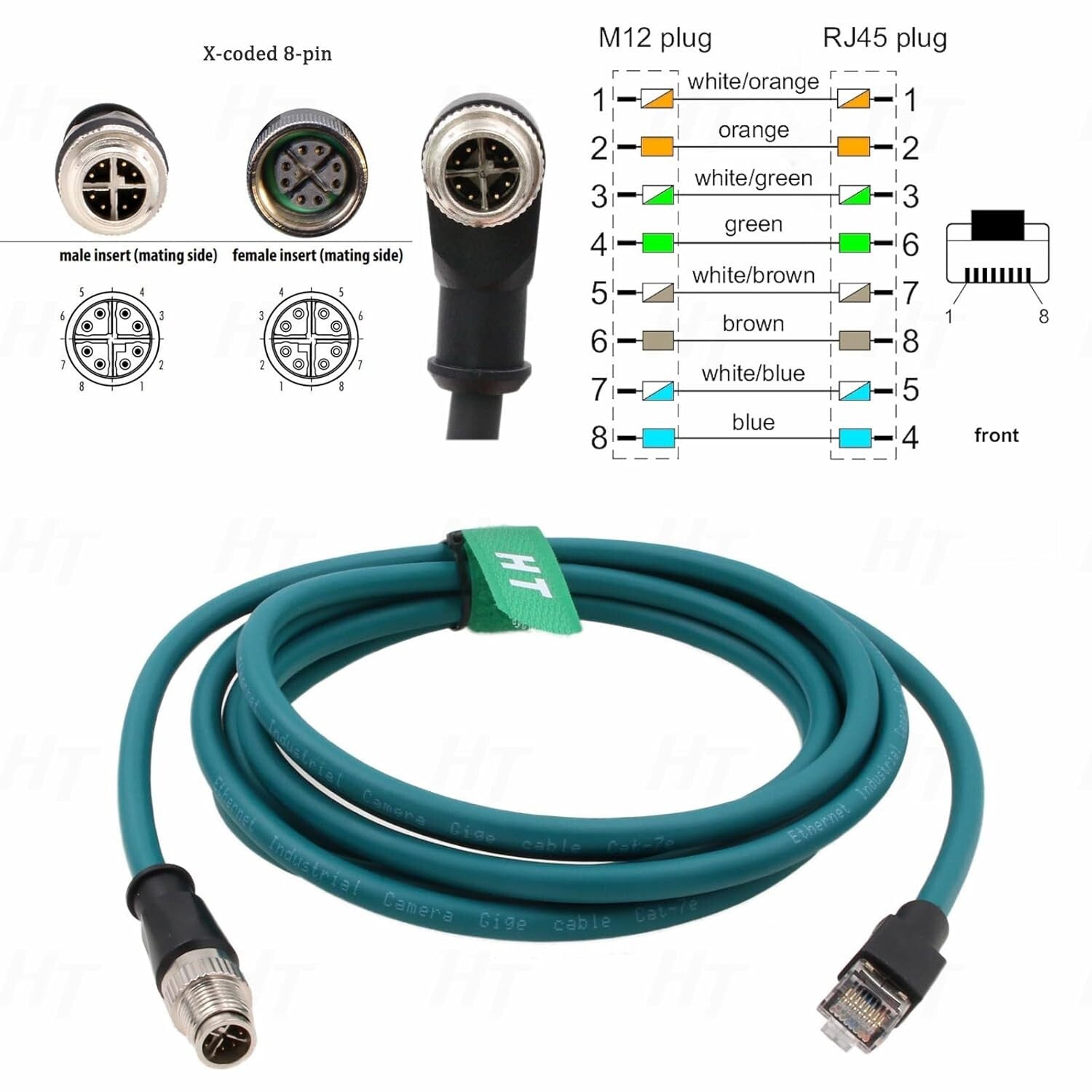 M12 Ethernet 8 Pin X Coded RJ45 CAT7e GigE Cable for Basler Cognex 2 Meters NEW
