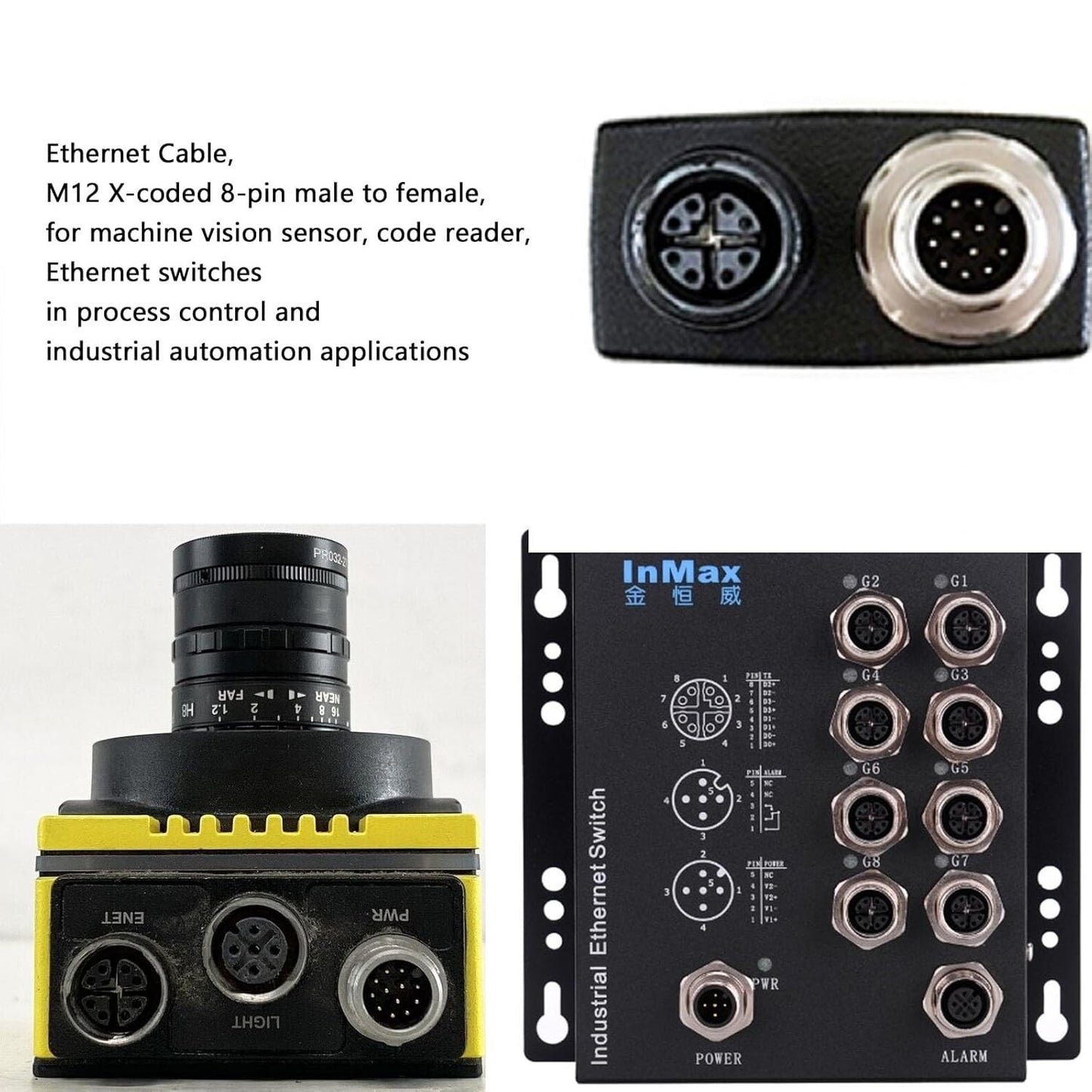 M12 Ethernet 8 Pin X Coded RJ45 CAT7e GigE Cable for Basler Cognex 2 Meters NEW