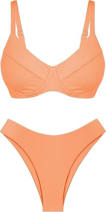 Women's Ribbed Underwire Bikini Set - High Cut - Orange - High Leg - Small