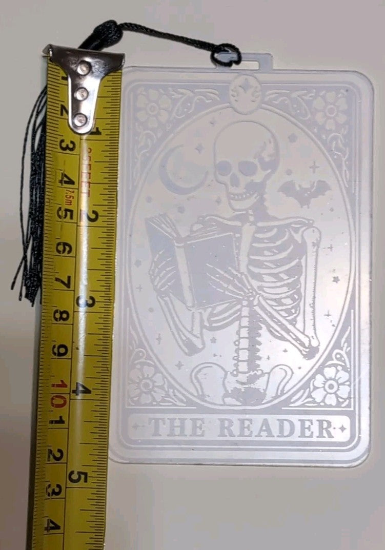 The Reader - Skeleton Tarot Card Bookmark with Tassel -Acrylic Gothic Book Acc..
