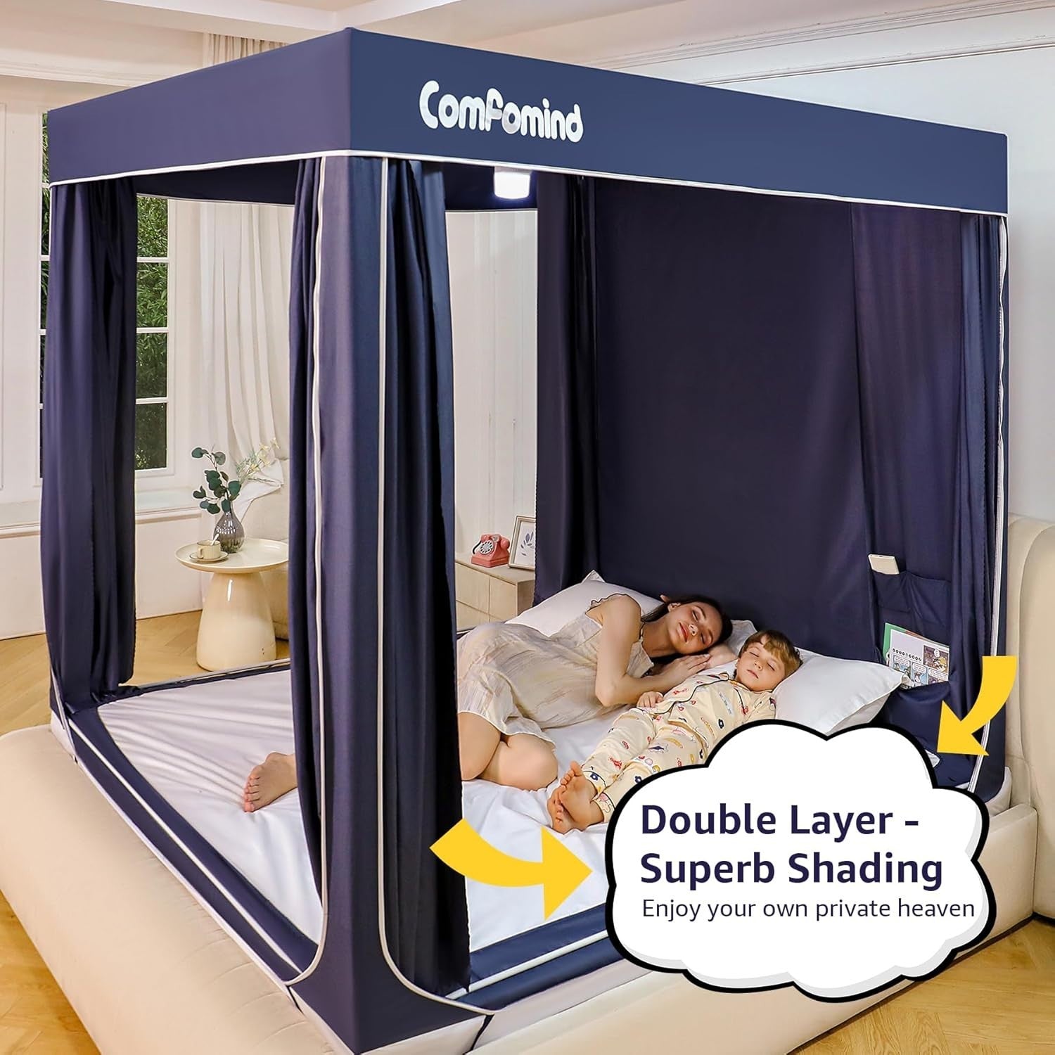 Comfomind King Bed Tent Canopy Mosquito Net Blackout Curtains Dark Blue