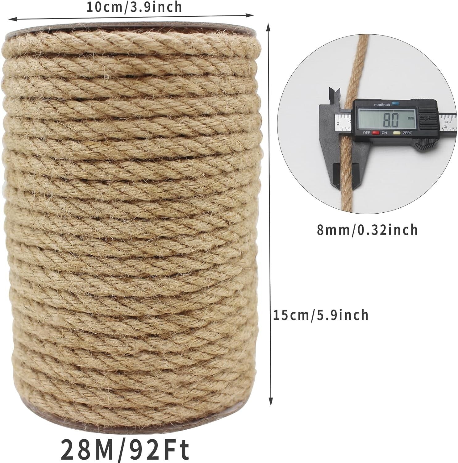 Heavy Duty Jute Rope 8mm 91Ft Natural Strong Cord Twine, Brown, Art, Cat, Garden
