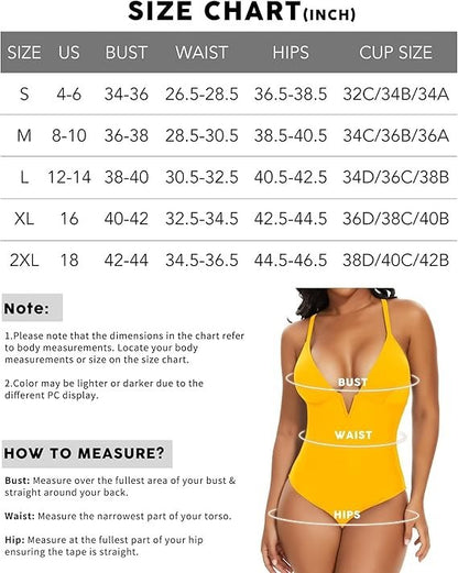 One Piece Deep V Neck Spaghetti Strap Push Up Swim Monokini Plus Size Yellow XL