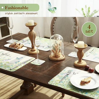 Spring Faux Leather Placemats Set of 4, Placemat 4pcs(17x12 inches) with Coaster