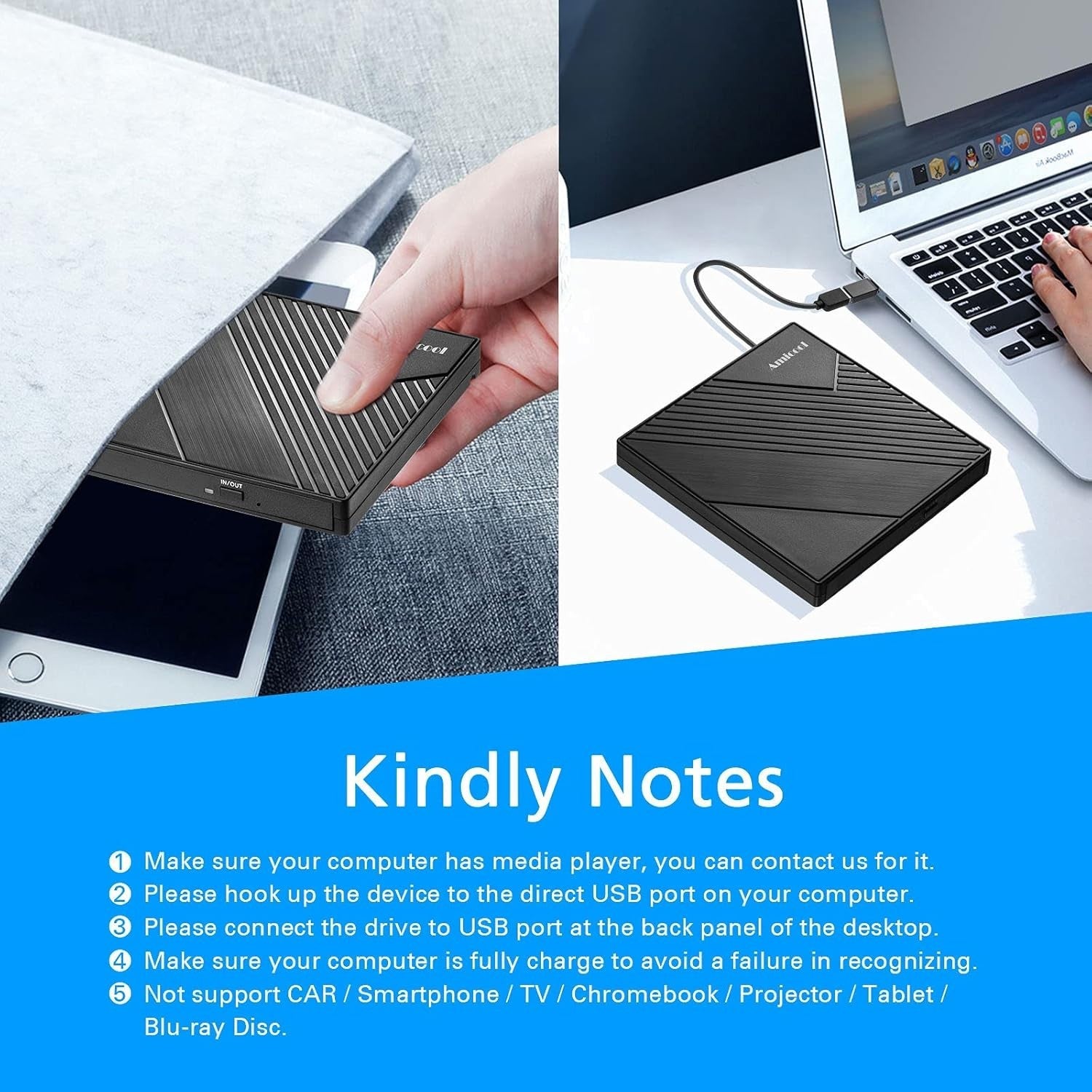 Amicool External DVD Drive USB 3.0 USB-C Portable CD DVD RW Burner Reader Black