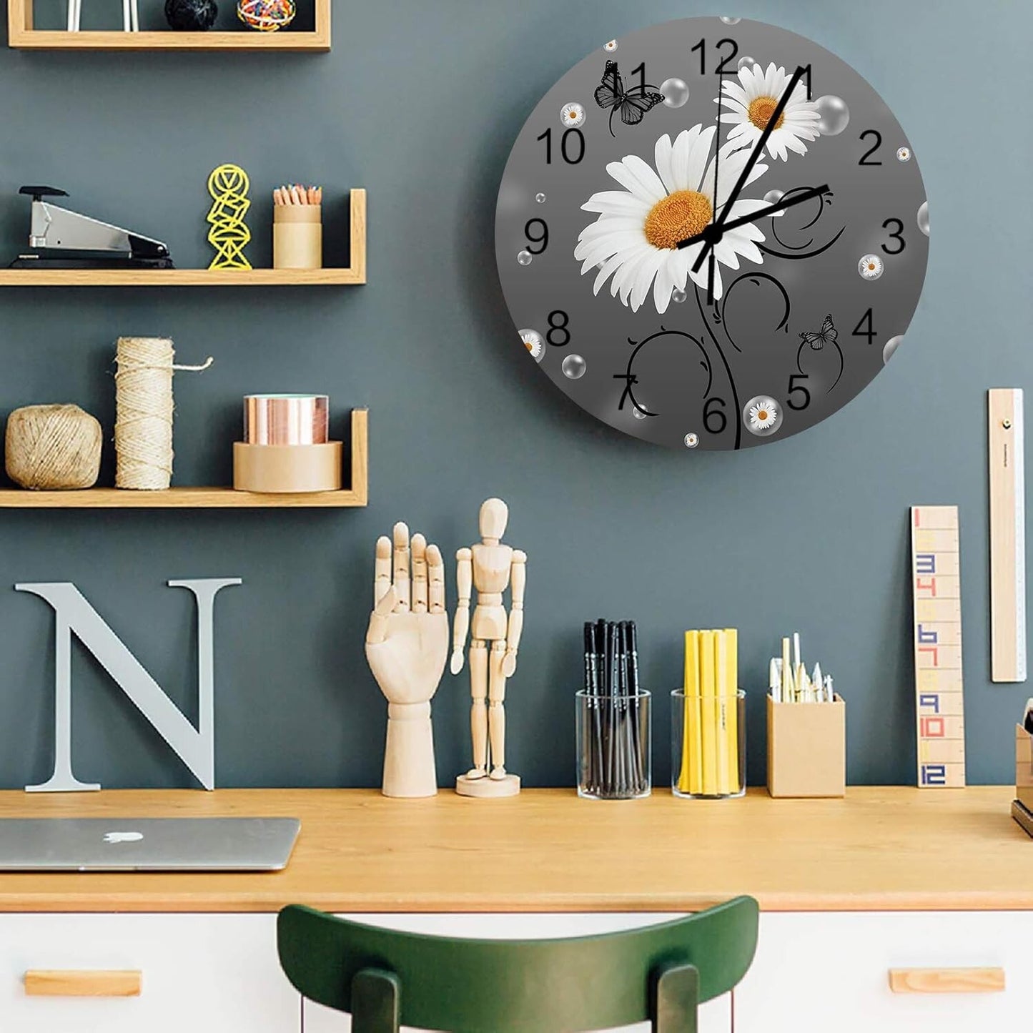 12 Inch Silent Round Wooden Wall Clock Yellow Daisy Butterfly Bubble Gray Backgr