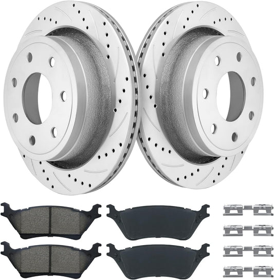7-Lug Rear Brake Rotors & Pads Kit Geomet Drilled Slotted for 12–14 Ford F-150