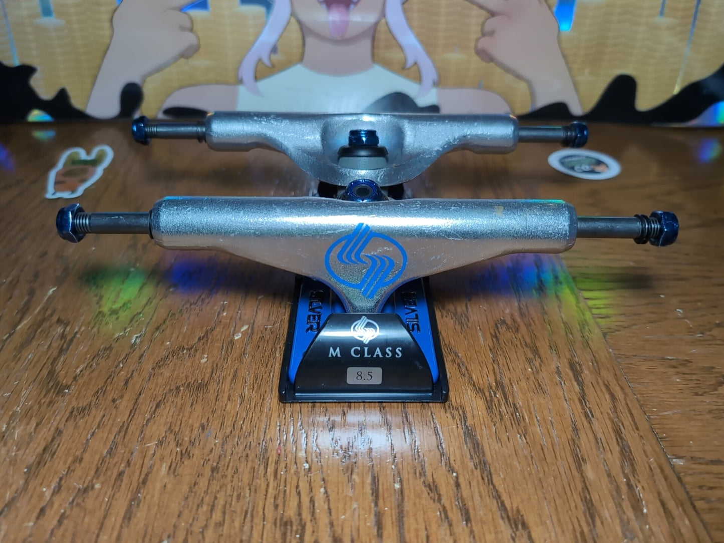 Silver M-Class 8.5" Skateboard Trucks Pair – Blue & Polished Silver