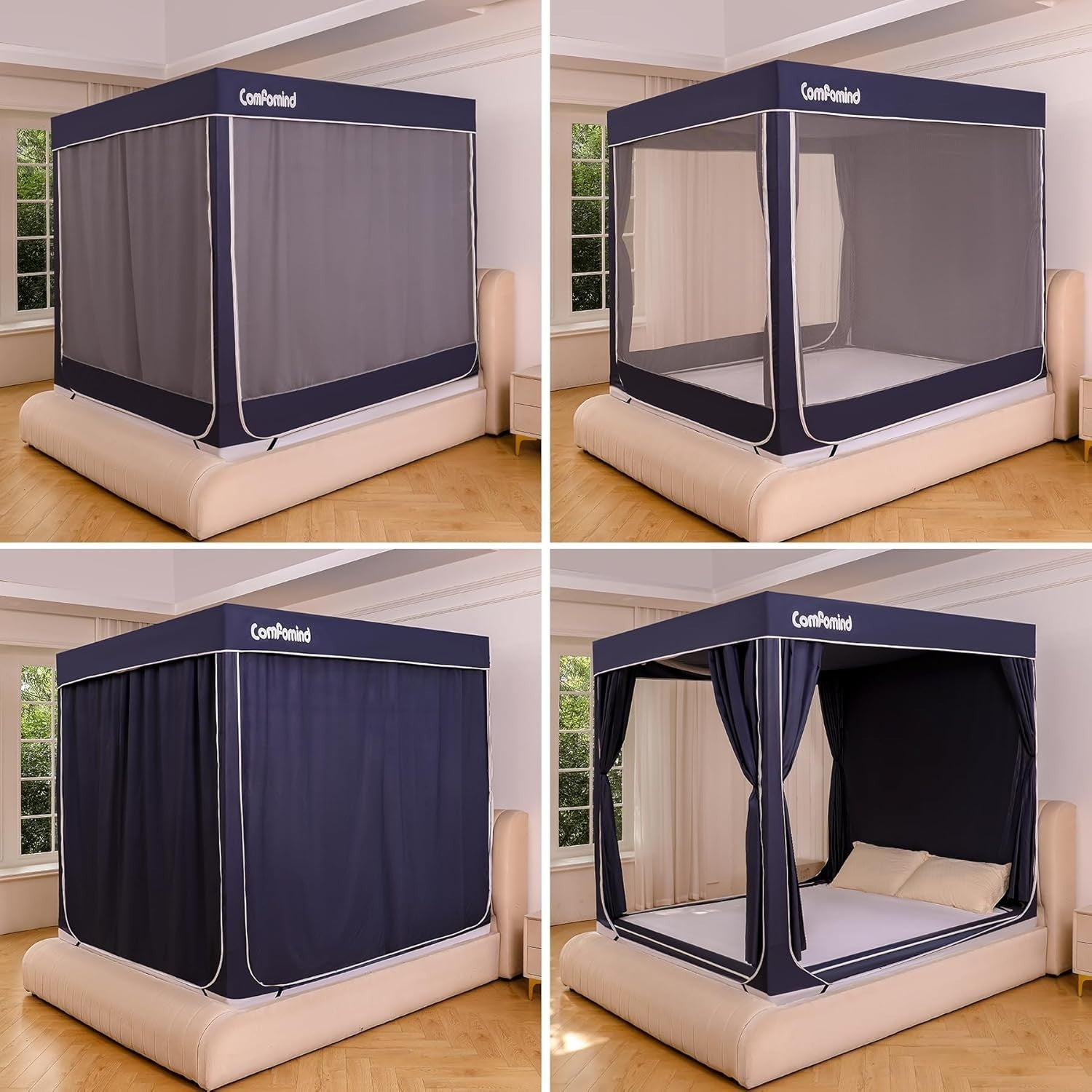 Comfomind King Bed Tent Canopy Mosquito Net Blackout Curtains Dark Blue