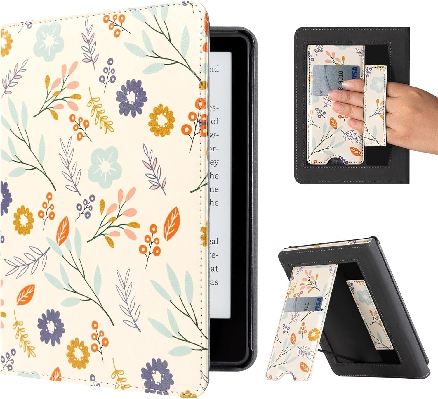 Case for Kindle - Flower Leather Cover w/ Auto Sleep Wake, Hand Strap, Card Slot