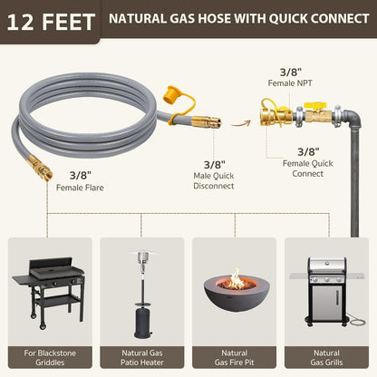GASPRO 12ft Natural Gas Hose 3/8" ID Low Pressure Quick Connect NG Line