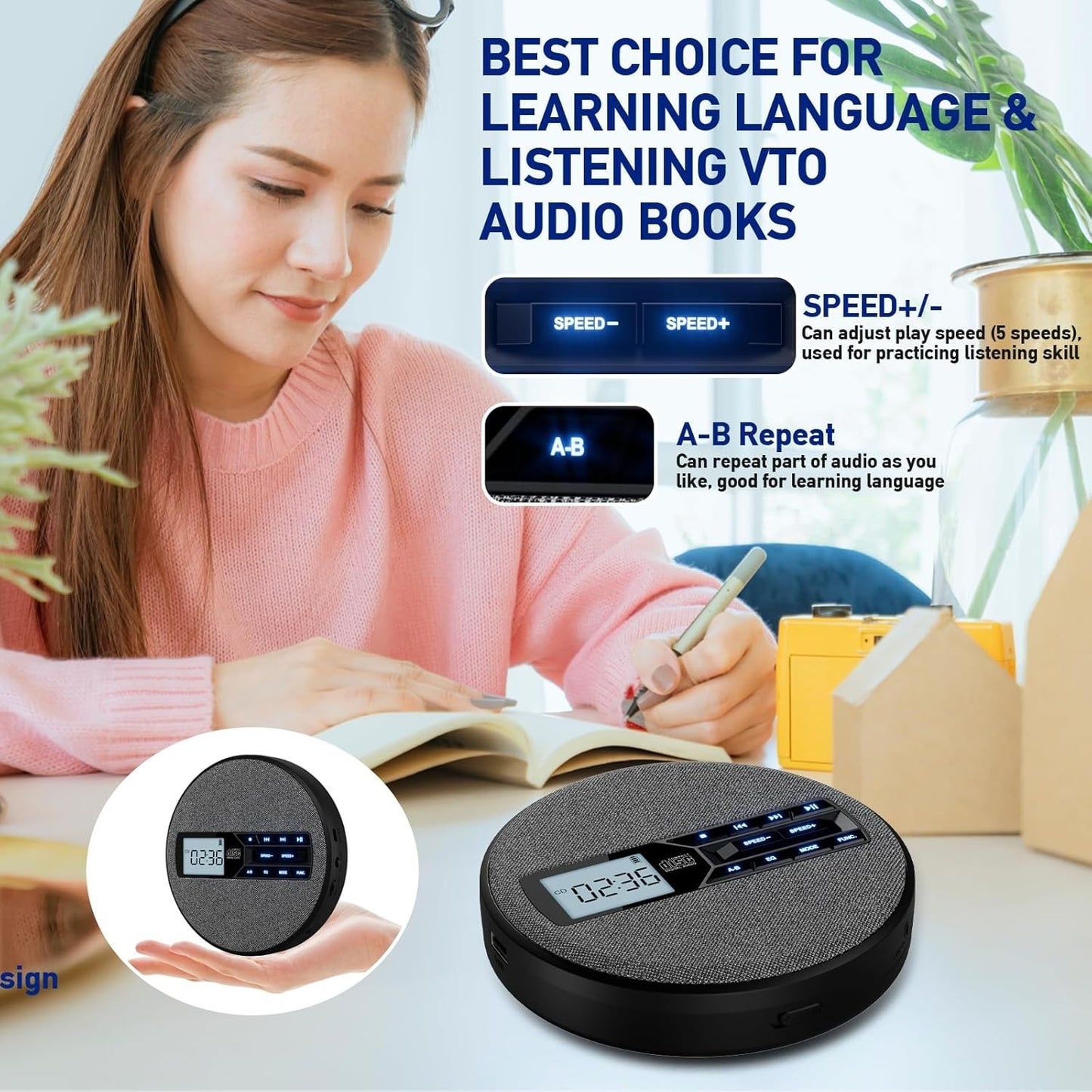 M-Amazup Portable CD Player Rechargeable Dual Speakers Anti-Skip LCD Black