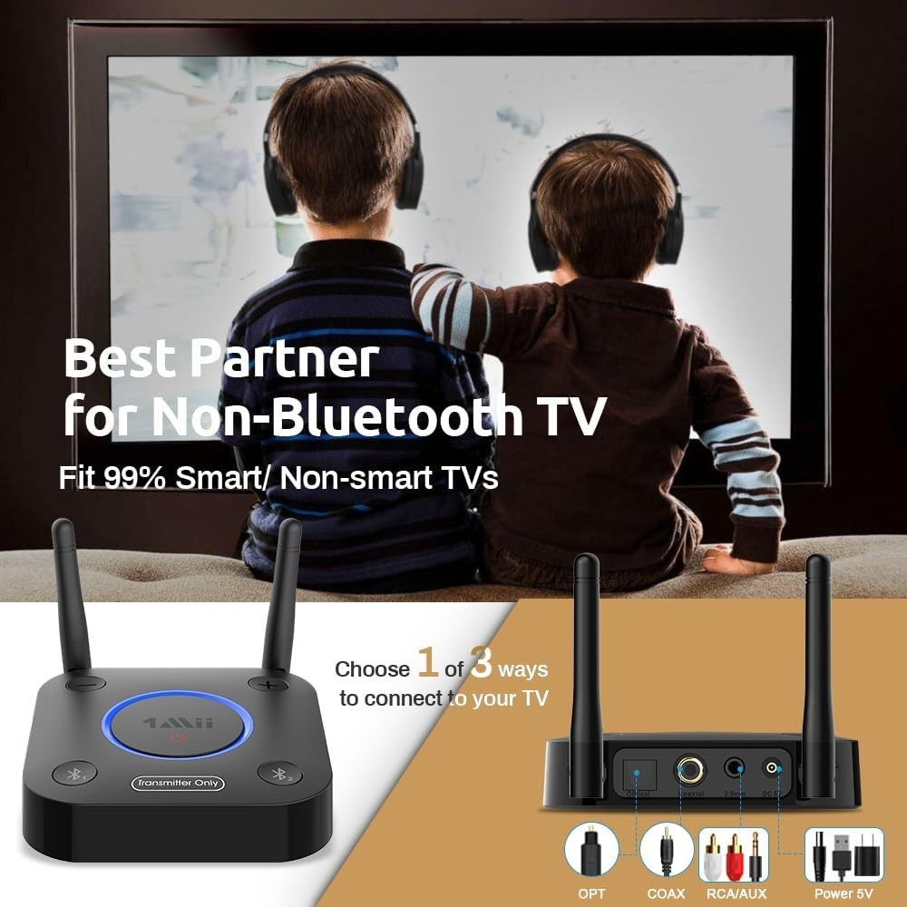 1Mii B06TX Bluetooth 5.2 TV Transmitter aptX LL Optical AUX RCA