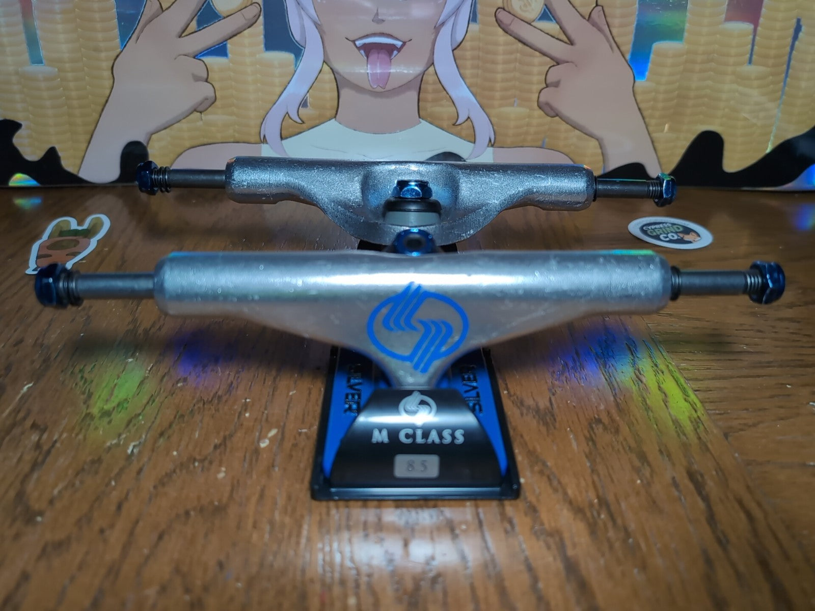 Silver M-Class 8.5" Skateboard Trucks Pair – Blue & Polished Silver