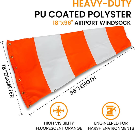 18"x96" FAA Compliant Airport Windsock – Orange/White – Heavy Duty – Sock Only