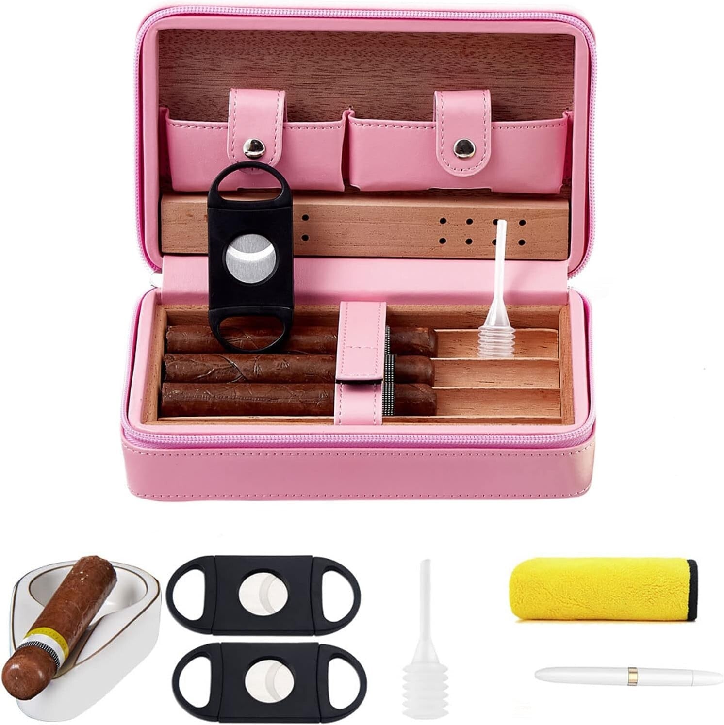 Cigar Case Travel Humidor Kit Leather Gift Cigar Cutter, Ashtray, Blunt Splitter