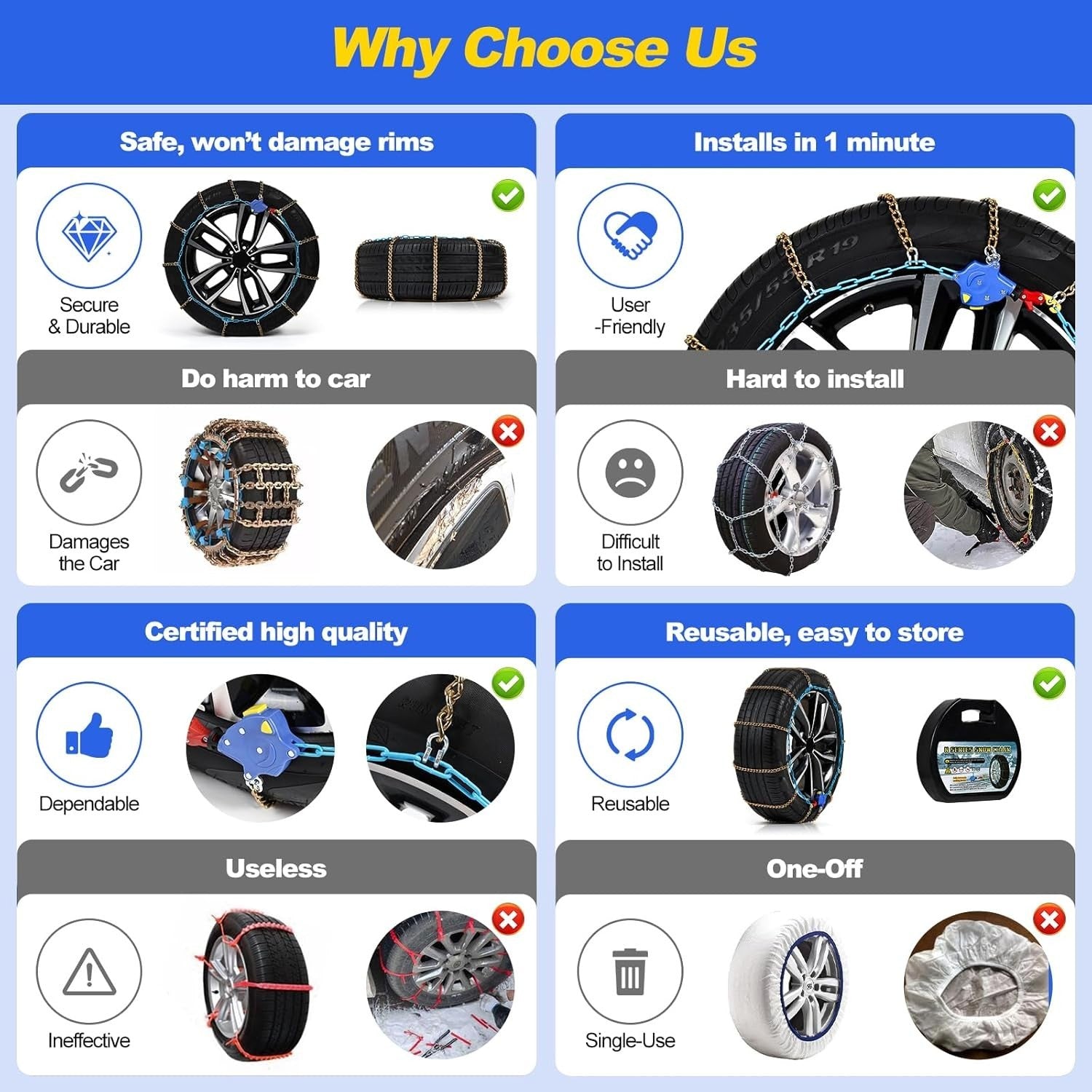 Auto Tightening Snow Tire Chains 1-Min Quick Fit Emergency Traction Set of 2