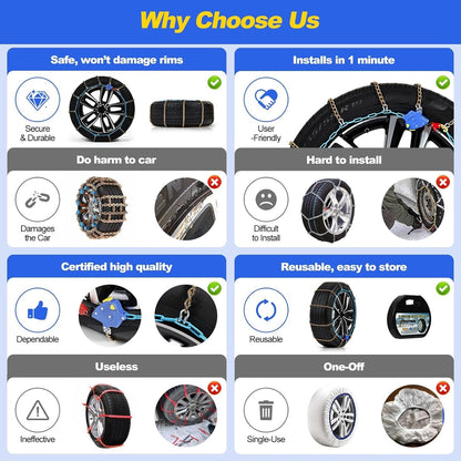 Auto Tightening Snow Tire Chains 1-Min Quick Fit Emergency Traction Set of 2