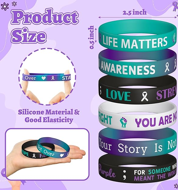 Suicide Awareness Silicone Bracelets Set of 6 – Mental Health Support Wristbands