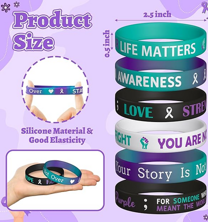 Suicide Awareness Silicone Bracelets Set of 6 – Mental Health Support Wristbands