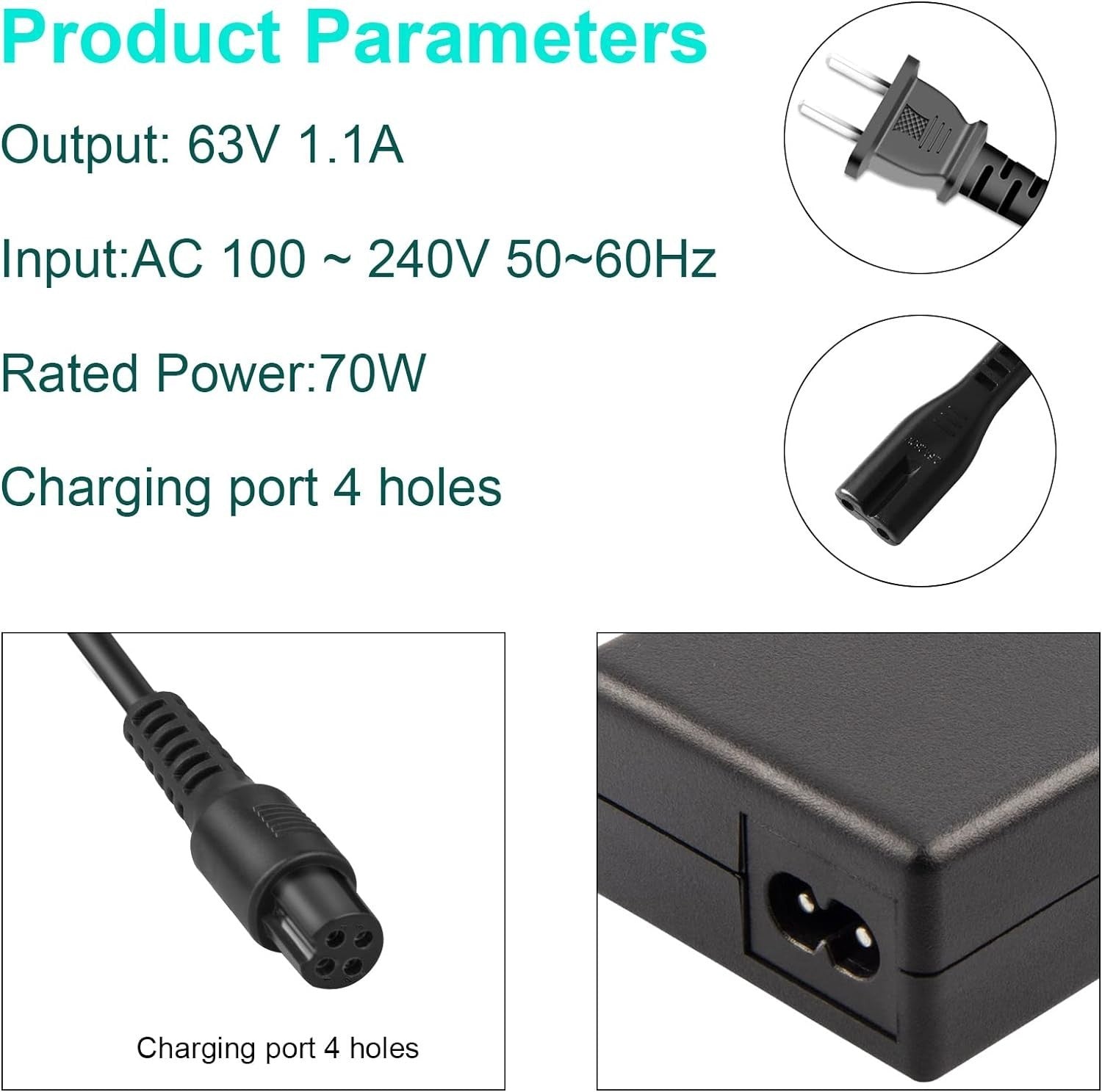 4 Prong Scooter Charger for Segway Ninebot S/S-MAX/Mini lite/Mini PRO, 63V 1.1A